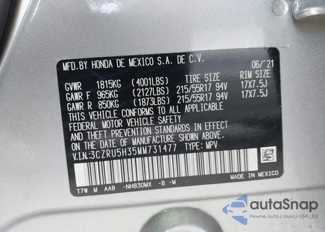 2021 Honda Hr-V 2Wd Lx z USA, uszkodzony, nr VIN 3CZRU5H35MM731477